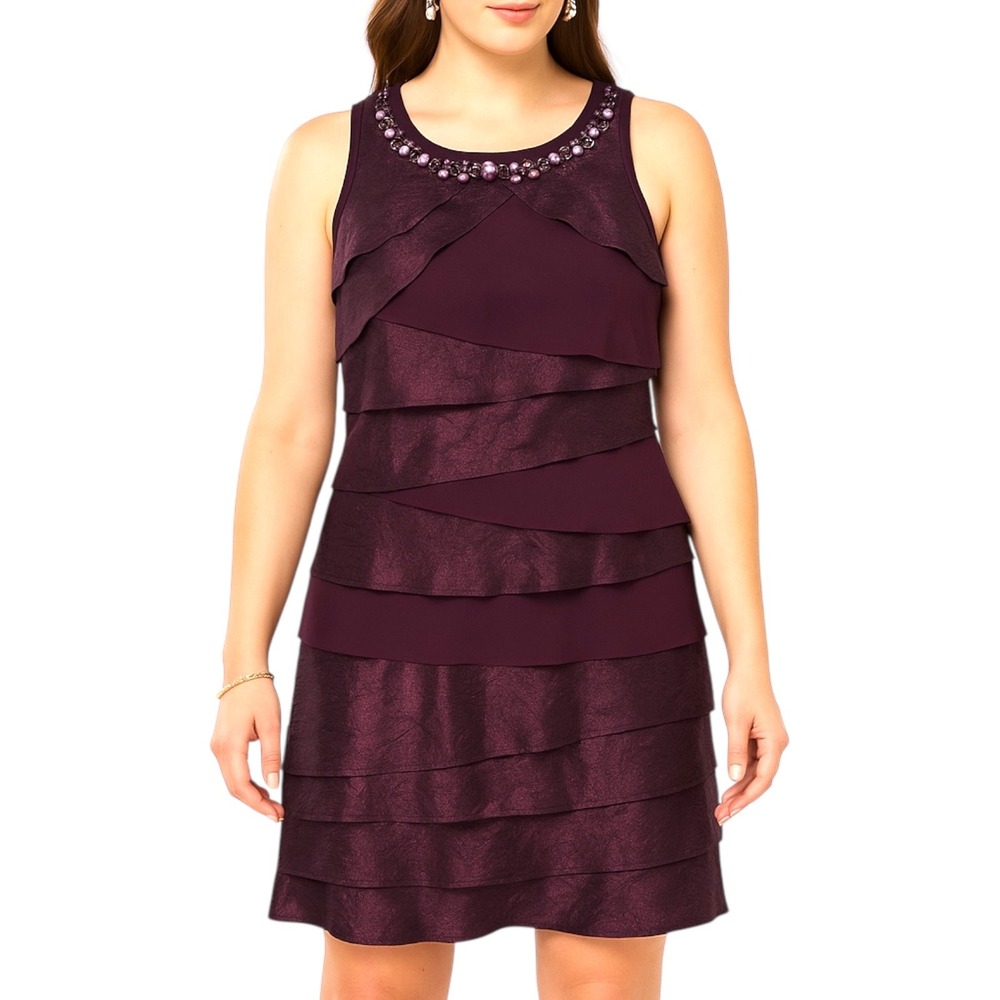 SL Fashions Women's Dress Size 12 Purple Beaded Neck Sleeveless Tiered Sheath L